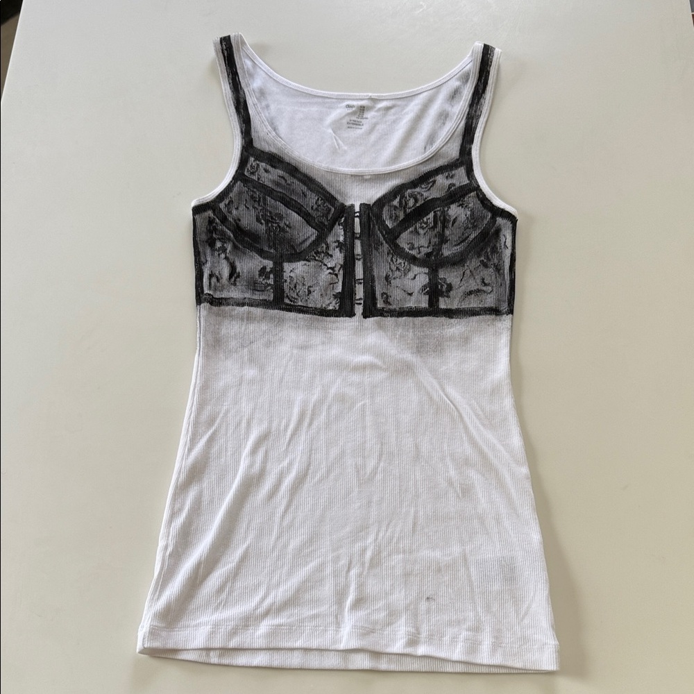 White Cotton Tank with Hand Painted Lace Bra Effect
